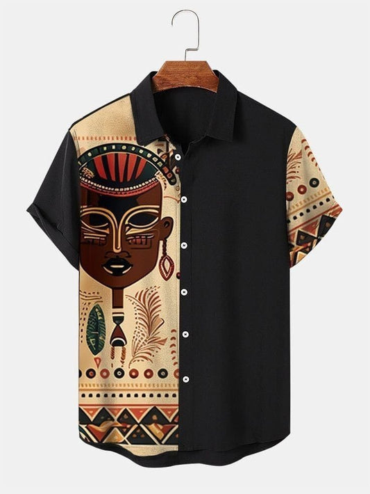 African Tribal Graphic Shirt – Men’s Bold Face Print Half Sleeve Casual Button Down with Unique Pattern for Summer Wear