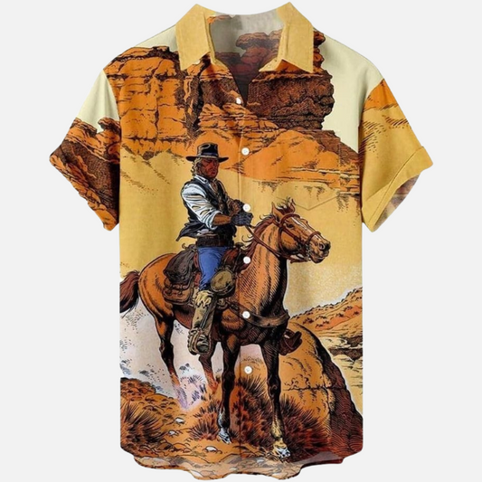 Men’s Cowboy Graphic Shirt – Vintage Western Style Button Down with Desert Scene, Retro Horse Rider Print, and Comfortable Half Sleeve Summer Fit