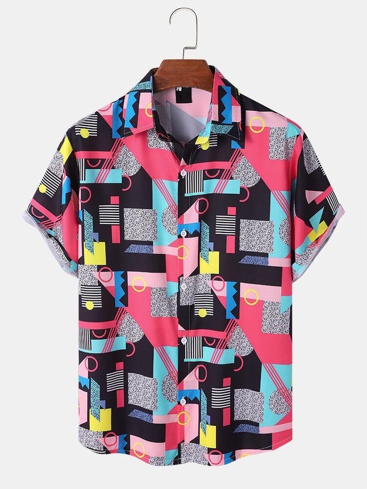 Men’s Summer Retro Shirt – Bold Geometric Abstract Print Half Sleeve Casual Button Down for Vacations, Parties and Daily Fashion