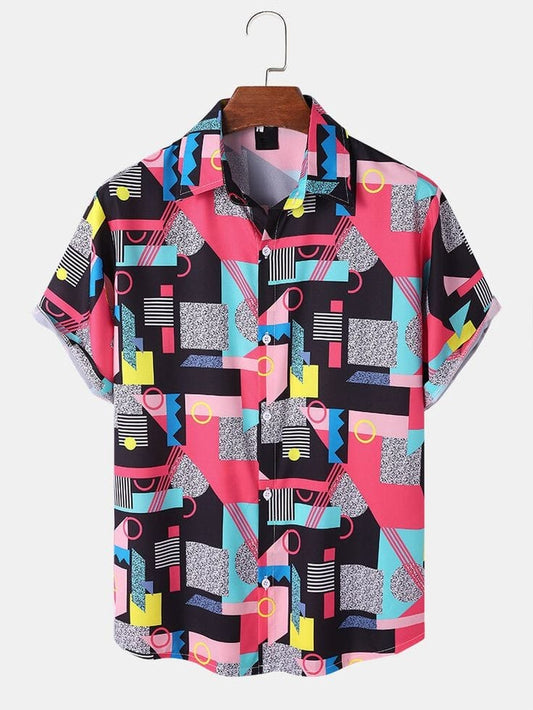 Men’s Summer Retro Shirt – Bold Geometric Abstract Print Half Sleeve Casual Button Down for Vacations, Parties and Daily Fashion