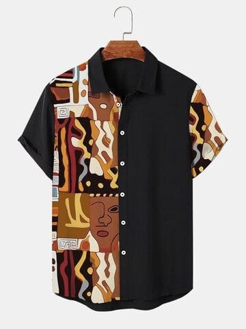 Men’s Music Festival Shirt – Vibrant Abstract Art Music Print Half Sleeve Casual Button Down with Musical Notes Design for Concerts