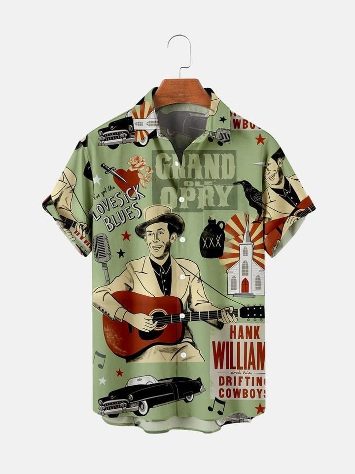 Men’s Retro Country Shirt – Hank Williams Grand Ole Opry Inspired Half Sleeve Casual Button Down with Classic Music and Vintage Graphics