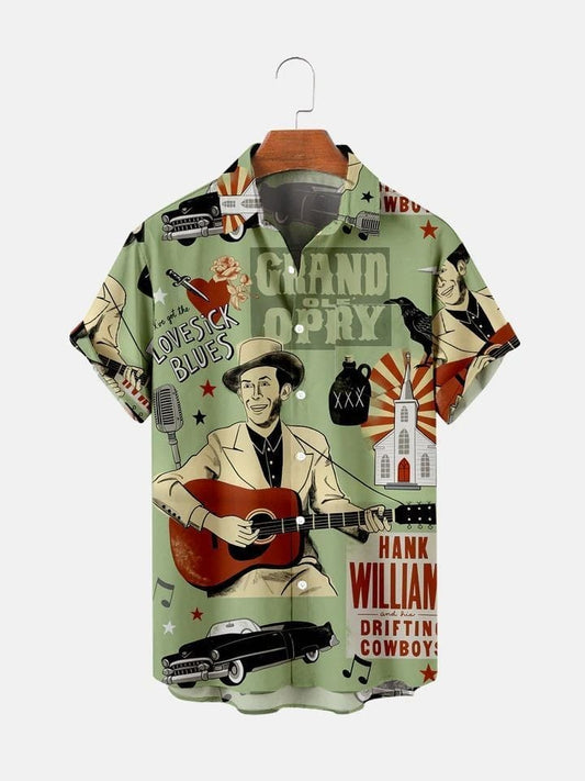 Men’s Retro Country Shirt – Hank Williams Grand Ole Opry Inspired Half Sleeve Casual Button Down with Classic Music and Vintage Graphics