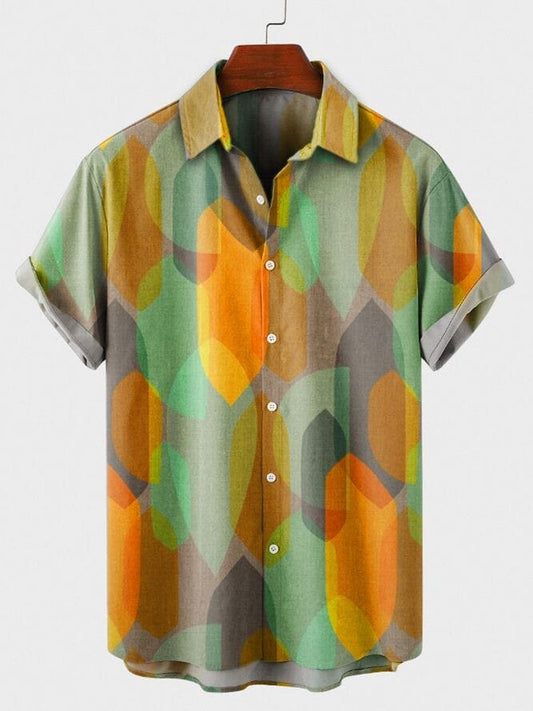 Stylish Geometric Print Shirt – Men’s Abstract Shapes and Circles Design Half Sleeve Casual Button Down for Summer Street Style