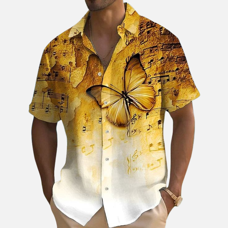 Butterfly and Musical Notes Print Shirt – Men’s Artistic Graphic Button Down Half Sleeve Casual Summer Hawaiian Style