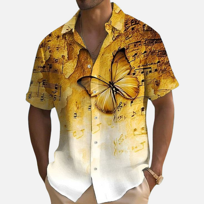 Butterfly and Musical Notes Print Shirt – Men’s Artistic Graphic Button Down Half Sleeve Casual Summer Hawaiian Style