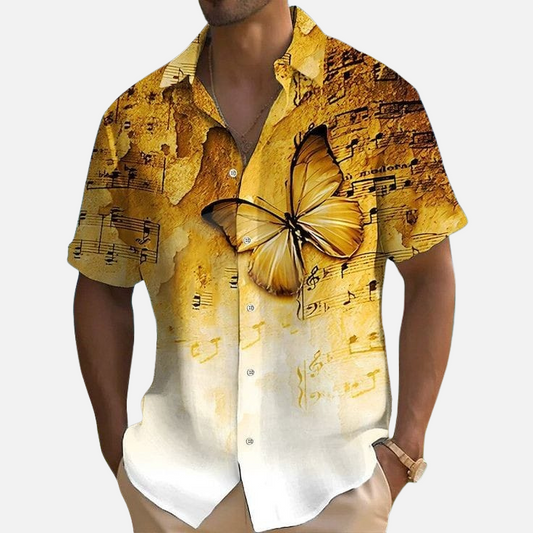 Butterfly and Musical Notes Print Shirt – Men’s Artistic Graphic Button Down Half Sleeve Casual Summer Hawaiian Style