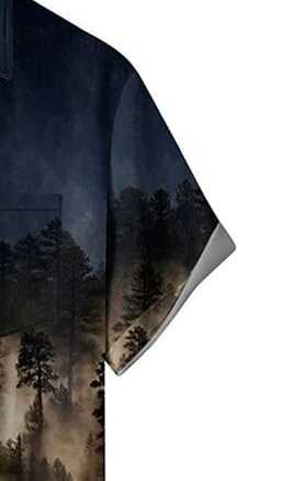 Men’s Landscape Art Print Shirt – Casual Half Sleeve Button Up with Misty Forest and Mountain Design for Travel, Summer and Outdoor Style