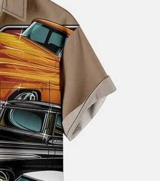 Men’s Vintage Hot Rod Shirt – River City Custom Cars Design Half Sleeve Button Down for Car Enthusiasts and Summer Parties