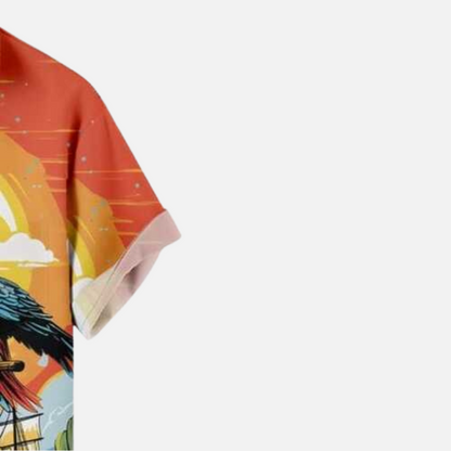 Vintage Parrot and Pirate Ship Hawaiian Shirt – Tropical Sunset Island Print Casual Summer Half Sleeve Button Down for Men