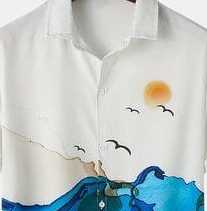 Men’s Sunset Beach Print Shirt – Ocean Waves and Fisherman Design Half Sleeve Casual Button Down for Summer Wear and Travel