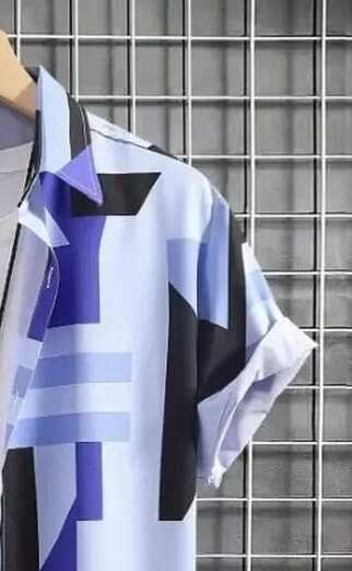 Men’s Modern Art Geometric Print Shirt – Unique Blue, White and Black Pattern Casual Half Sleeve Summer Fashion Top