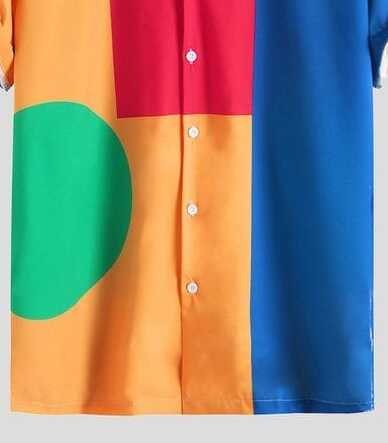 Men’s Bold Color Block Shirt – Vibrant Geometric Print Casual Half Sleeve Button Down for Street Style and Summer Fashion