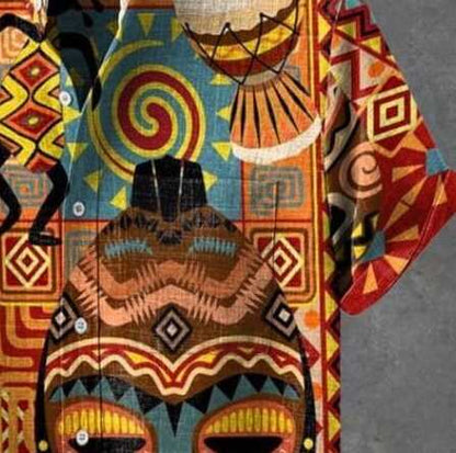 Ethnic Tribal Print Shirt – Men’s Colorful African Face and Geometric Pattern Half Sleeve Casual Button Down for Summer and Festivals