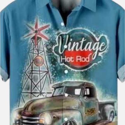 Retro Automotive Hot Rod Hawaiian Shirt – Vintage Car Graphic Half Sleeve Button Down for Men’s Summer Casual Outfit