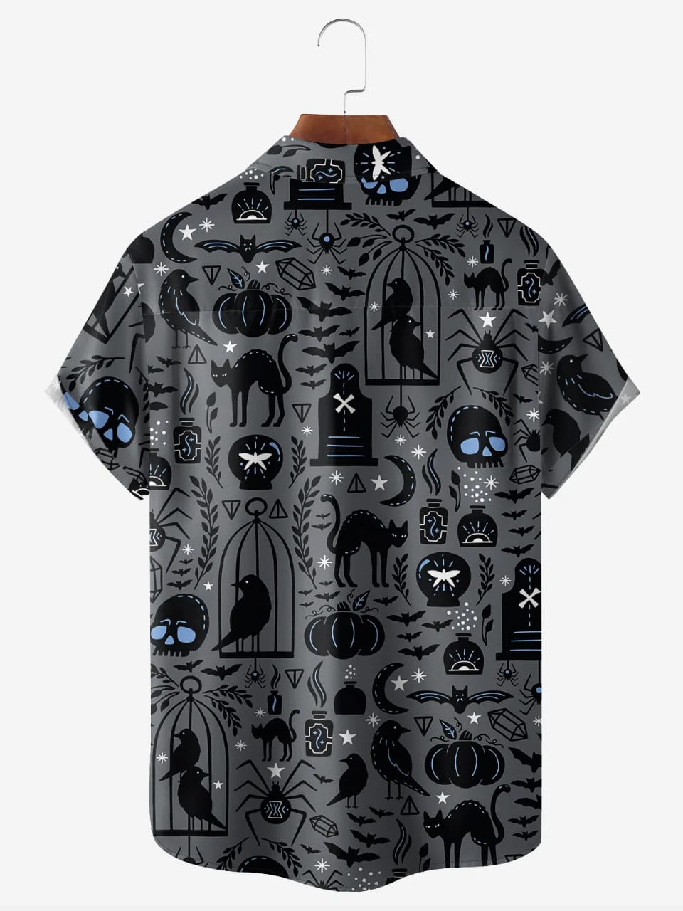 Spooky Gothic Print Shirt – Men’s Casual Half Sleeve Button Down with Halloween Inspired Cats, Crows, Skulls and Pumpkins