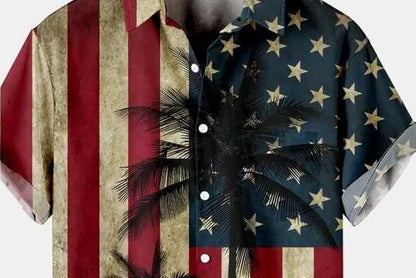 Men’s USA Flag and Palm Trees Shirt – Red, White, and Blue Stars Graphic Print Half Sleeve Button Down for Summer Fashion