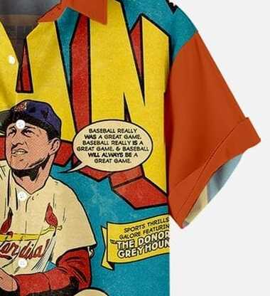 Baseball Comic Shirt – Men’s Vintage ‘Stan Musial’ Retro Print Half Sleeve Casual Button Down for Baseball Lovers and Summer Wear