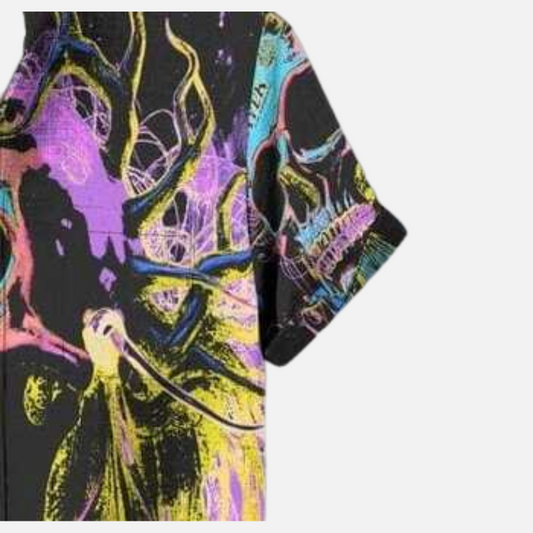 Neon Skull Graphic Shirt – Gothic Punk Style Men’s Casual Half Sleeve Button Down with Abstract Artwork