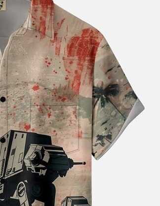 Men’s Sci-Fi Star Wars Shirt – AT-AT Walker Print with Red Splatter and Palm Trees Design Half Sleeve Casual Button Down for Vacations