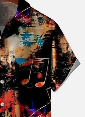 Trendy Music Graphic Shirt – Men’s Half Sleeve Casual Button Down with Colorful Music Notes and Abstract Art Print for Parties and Holidays