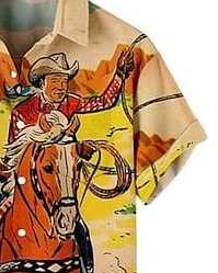 Men’s Cowboy Riding Horse Print Shirt – Retro Western Rodeo Graphic Half Sleeve Button Down Casual Wear for Summer and Travel