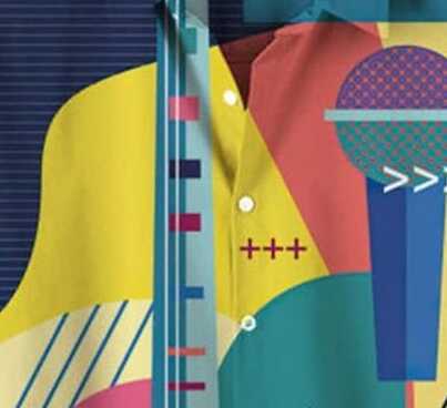 Trendy Music Lover’s Shirt – Vibrant Guitar and Microphone Print Half Sleeve Casual Button Down with Geometric Art Design for Summer Parties