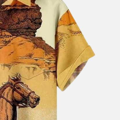 Men’s Cowboy Graphic Shirt – Vintage Western Style Button Down with Desert Scene, Retro Horse Rider Print, and Comfortable Half Sleeve Summer Fit