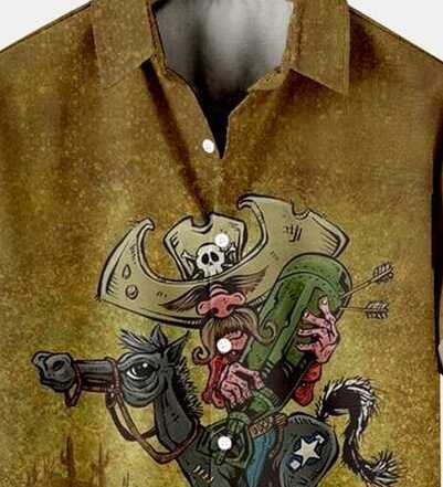 Men’s Artistic Cowboy Skeleton Print Half Sleeve Shirt – Western Style Casual Button-Up with Skull Rider and Cactus Design