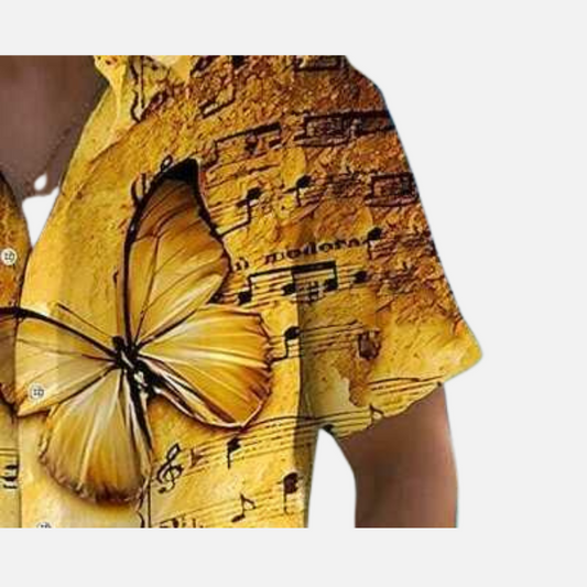 Butterfly and Musical Notes Print Shirt – Men’s Artistic Graphic Button Down Half Sleeve Casual Summer Hawaiian Style
