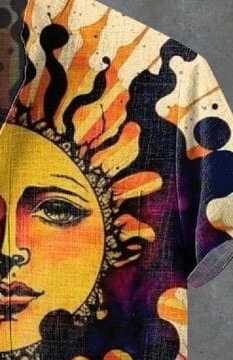 Boho Sun Face Print Shirt – Men’s Colorful Abstract Art Half Sleeve Casual Button Up with Sun, Clouds and Artistic Design for Summer
