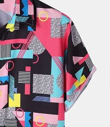 Men’s Summer Retro Shirt – Bold Geometric Abstract Print Half Sleeve Casual Button Down for Vacations, Parties and Daily Fashion