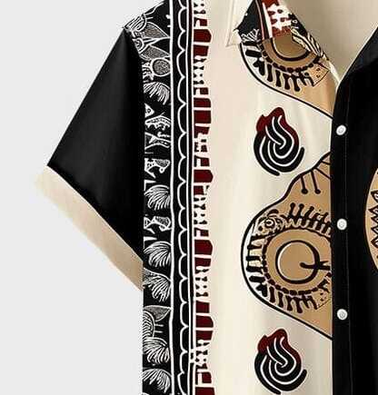 Men’s Cultural Print Shirt – Retro Tribal Art Inspired Half Sleeve Casual Button Down with Unique Ethnic Design for Summer Outfits