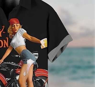 Harley Davidson Retro Shirt – Men’s Pin Up Girl and Classic Motorcycle Print Half Sleeve Casual Button Down for Motorcycle Lovers
