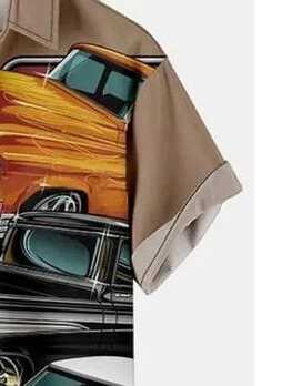 Classic Cars Graphic Shirt – Men’s River City Hot Rods and Custom Cars Print Half Sleeve Casual Button Down for Vintage Car Enthusiasts