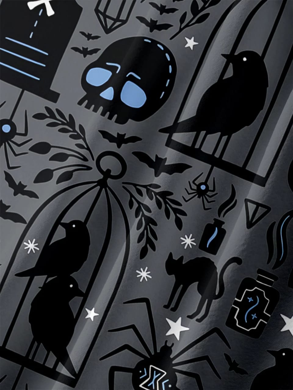 Spooky Gothic Print Shirt – Men’s Casual Half Sleeve Button Down with Halloween Inspired Cats, Crows, Skulls and Pumpkins
