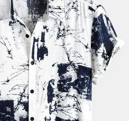 Men’s Monochrome Abstract Art Shirt – Black and White Graphic Print Half Sleeve Casual Button Down for Street Style and Vacations
