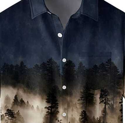 Men’s Landscape Art Print Shirt – Casual Half Sleeve Button Up with Misty Forest and Mountain Design for Travel, Summer and Outdoor Style