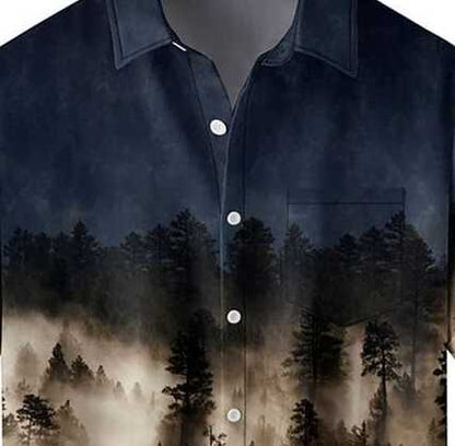 Men’s Landscape Art Print Shirt – Casual Half Sleeve Button Up with Misty Forest and Mountain Design for Travel, Summer and Outdoor Style