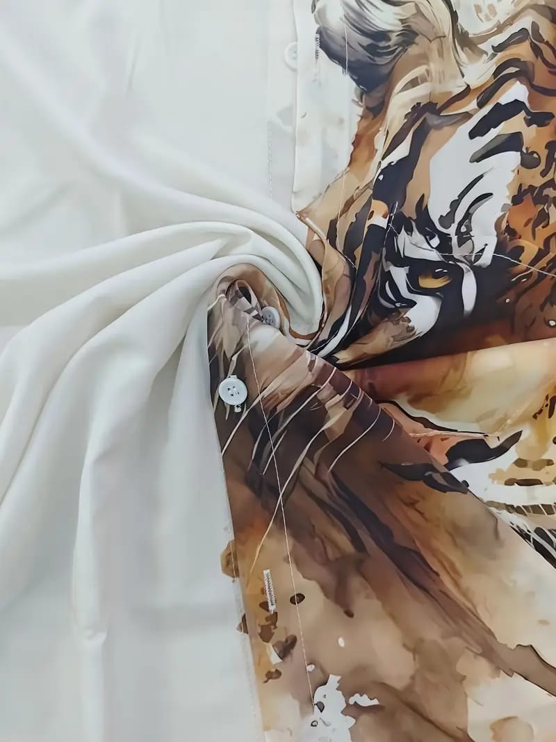 Roaring Tiger & Waves Print Shirt for Men – Stylish Graphic Button-Up Half Sleeve Perfect for Summer & Streetwear
