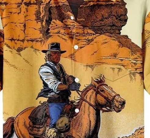 Men’s Cowboy Graphic Shirt – Vintage Western Style Button Down with Desert Scene, Retro Horse Rider Print, and Comfortable Half Sleeve Summer Fit