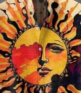 Boho Sun Face Print Shirt – Men’s Colorful Abstract Art Half Sleeve Casual Button Up with Sun, Clouds and Artistic Design for Summer