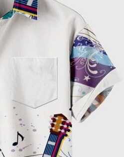 Stylish Guitar Print Shirt – Men’s Half Sleeve Casual Button Down with Colorful Music and Guitar Design for Vacations and Streetwear