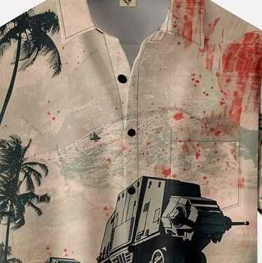 Men’s Sci-Fi Star Wars Shirt – AT-AT Walker Print with Red Splatter and Palm Trees Design Half Sleeve Casual Button Down for Vacations
