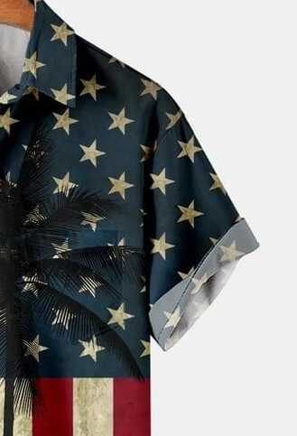 Men’s USA Flag and Palm Trees Shirt – Red, White, and Blue Stars Graphic Print Half Sleeve Button Down for Summer Fashion