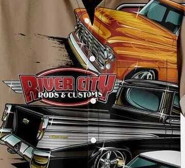 Men’s Vintage Hot Rod Shirt – River City Custom Cars Design Half Sleeve Button Down for Car Enthusiasts and Summer Parties