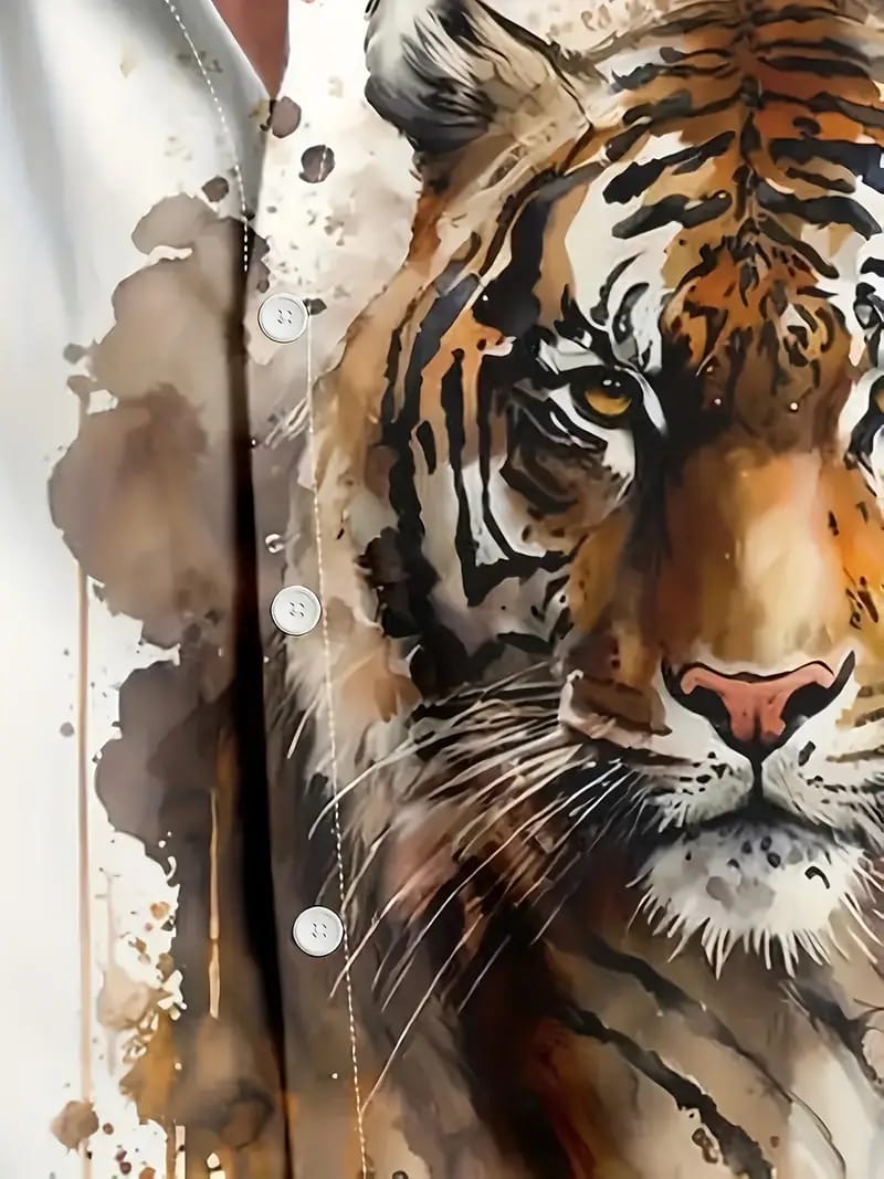 Men's Hand Painted Tiger Watercolor Shirt Unique Artistic Design, Casual Summer Button-Down Half Sleeve with Bold Tiger Print, Stylish and Comfortable Wear