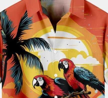 Vintage Parrot and Pirate Ship Hawaiian Shirt – Tropical Sunset Island Print Casual Summer Half Sleeve Button Down for Men