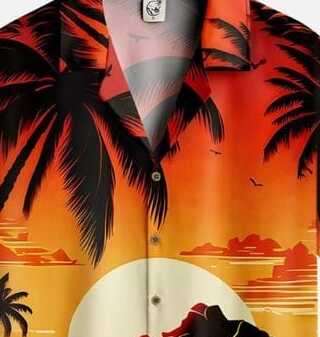 Tropical Sunset Beach Scene Shirt – Hawaiian Style Half Sleeve Button Down with Palm Trees and Ocean Waves Print