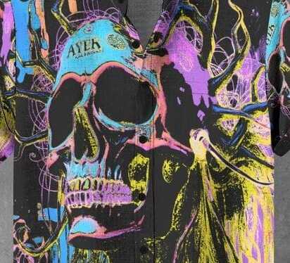 Neon Skull Graphic Shirt – Gothic Punk Style Men’s Casual Half Sleeve Button Down with Abstract Artwork